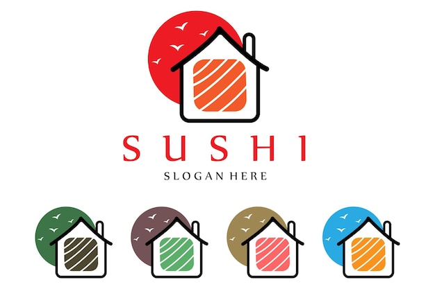 Japanese sushi food logo vector with a variety of seafood meat background design suitable for stickers screen printing banners flayers companies