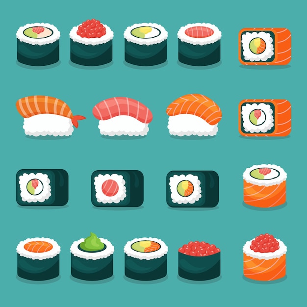 Japanese sushi and rolls icons Vector illustration