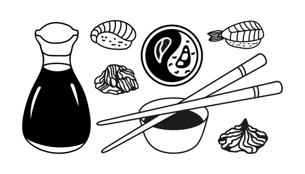 Japanese sushi and soy sauce set in hand drawn doodle style Asian food for restaurants menu