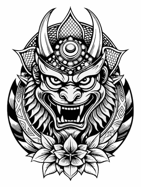 Vector japanese tattoo coloring page for adults black and white black line art