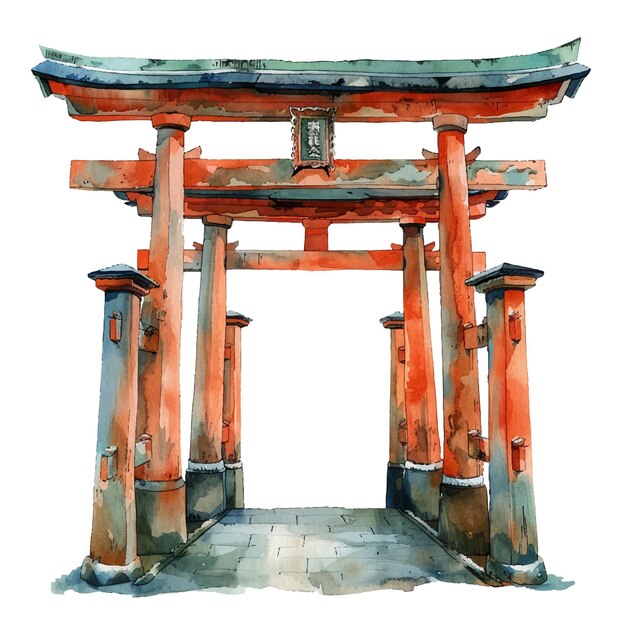 Vector japanese torii gate lanscape vector illustration in watercolour style