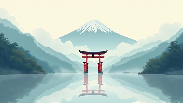 Vector japanese torii gate with misty mountains