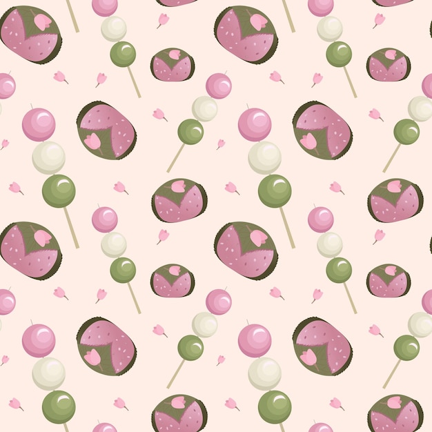 Japanese traditional dessert pattern on light pink background Hanami Dango and Sakuramochi Pattern for print textile wrapping paper decoration Vector illustration Cartoon style