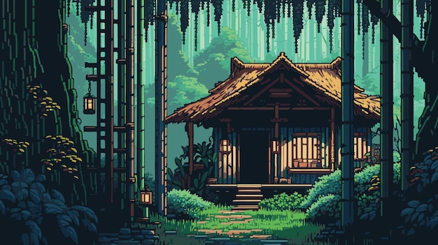 Japanese traditional house in the forest Vector illustration in retro style