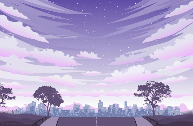 Japanese view panorama vector sunset Flat design anime style