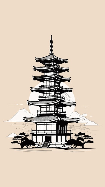 Japanesse Building Line Art Vintage Style For TShirt