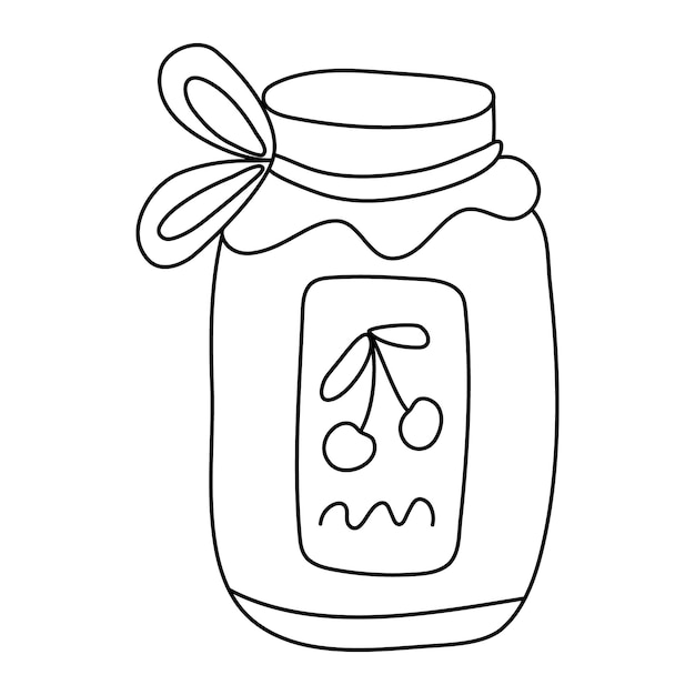 Jar of cherry jam in doodle style isolated black outline