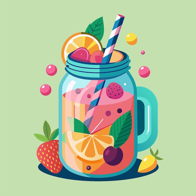 a jar of fruit and a straw in it that says fruit and a straw