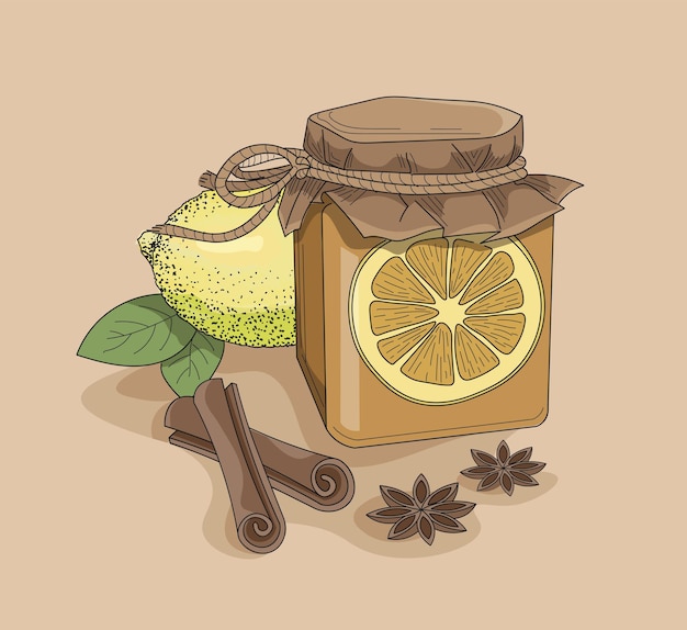 A jar of honey with lemon and cinamon Flat cartoon comics style