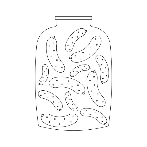 Jar with cucumbers, black line drawing, doodle isolated on white background.