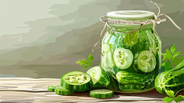 Vector jar with fresh cucumbers for preservation on light wooden table