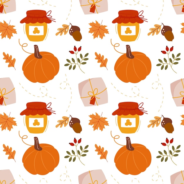 Jar with honey pumpkin and autumn leaves Seamless pattern