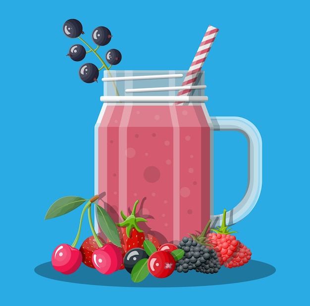 Vector jar with mixed berries smoothie with striped straw. drink fresh shake juice cocktail