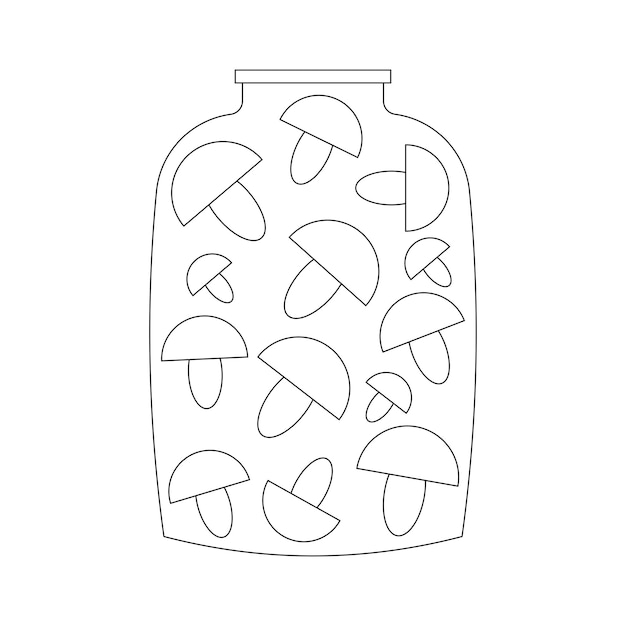 Jar with mushrooms, mushrooms closed in a jar, black line drawing, doodle on a white background.