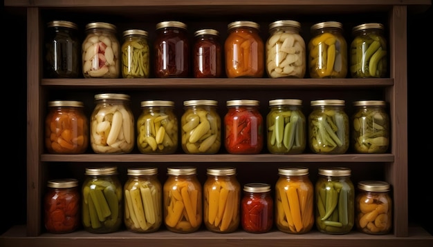 Vector jars of preserved vegetables lined up on wooden shelves