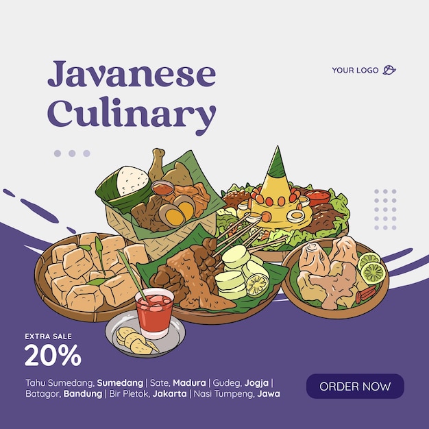 Javanese cuisine hand drawn illustration vector Indonesian food set collection for social media post template