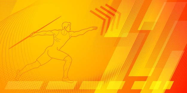 Javelin thrower themed background in yellow and red tones with abstract lines and dots with sport symbols such as a male athlete