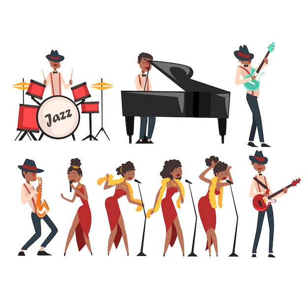 Jazz artists characters set  on white. Black man playing drums, grand piano, electric guitar, and saxophone. Woman singer in different poses. Musical band concept. Cartoon   .