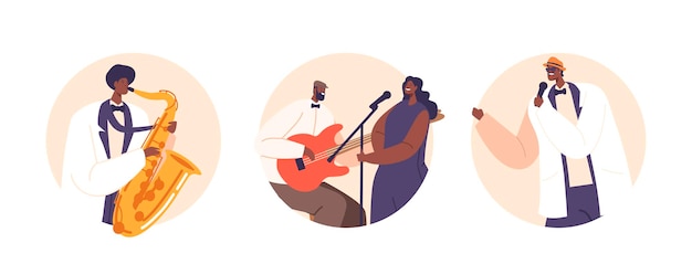 Jazz Concert On Stage Isolated Round Icons Or Avatars Musicians Playing Saxophone And Guitar Improvised Solos