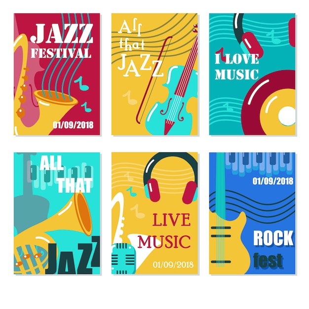 Jazz festival, live music concert poster, flyer, card template set. 