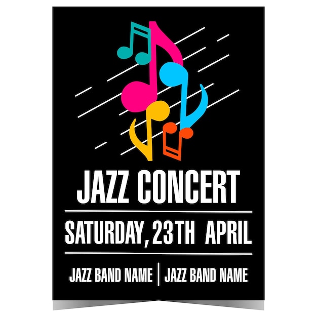 Jazz music concert poster template with colourful musical notes on black background