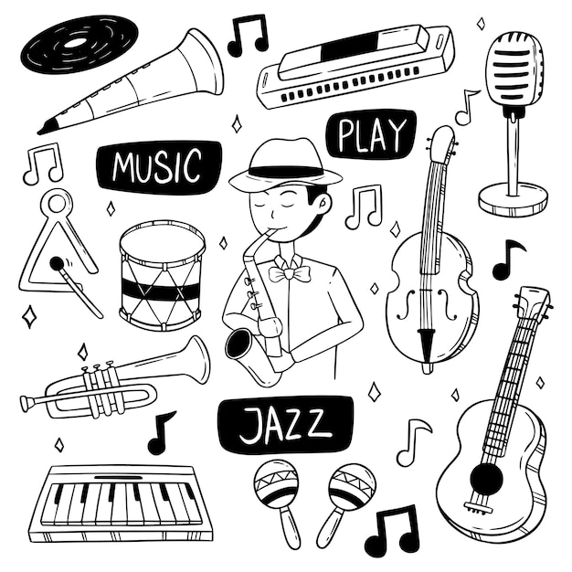 jazz music doodle elements or icons collection