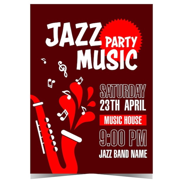 Jazz music party invitation with red saxophone emitting musical notes