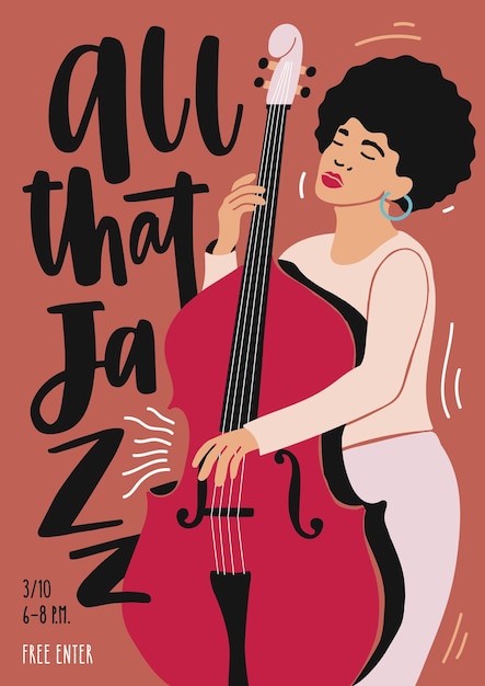 Jazz music performance, concert or festival advertisement poster template with African American female musician playing double bass