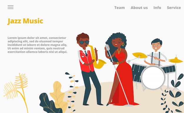 Jazz musicians, female singer and jazz band concert landing page cartoon   illustration. Music, musical instrument saxophone and drums.