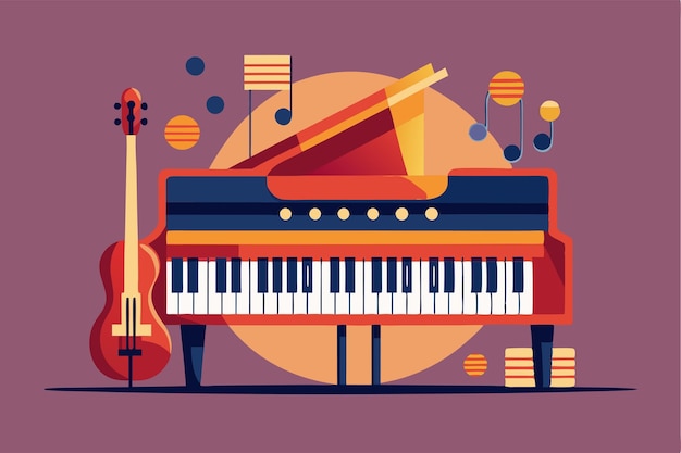 Vector a jazz piano is featured alongside a guitar and floating musical notes in a colorful artistic design customizable flat illustration of a jazz piano