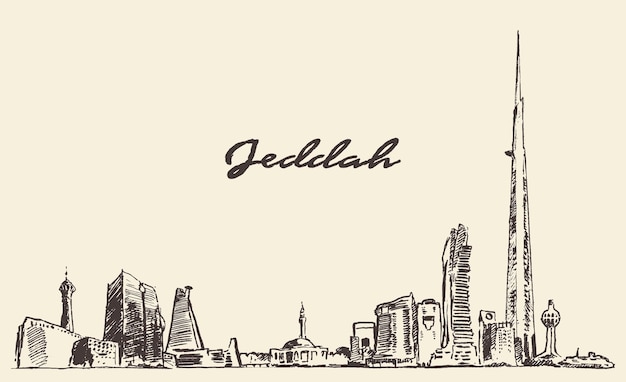 Jeddah skyline, vector engraved illustration, hand drawn