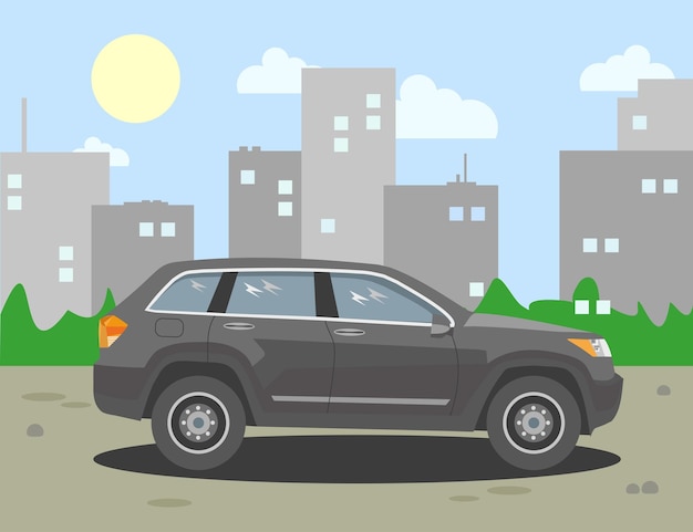 Jeep on the background of the city. Vector illustration.