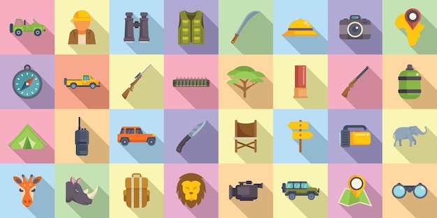 Jeep safari icons set flat vector Car vehicle