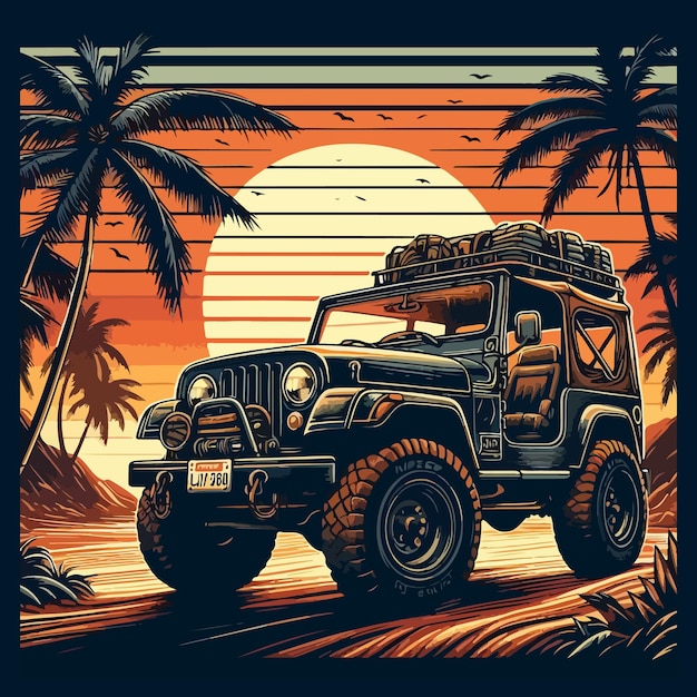 Vector a jeep with a sun behind it and palm trees in the background