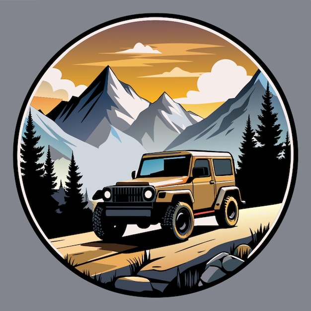 Vector jeep wrangler on rocks round logo sticker design vector illustration flat 2