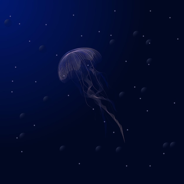 Vector jellyfish blue lightening poisonous jellyfish in dark deep water with glowing plankton deep ocean