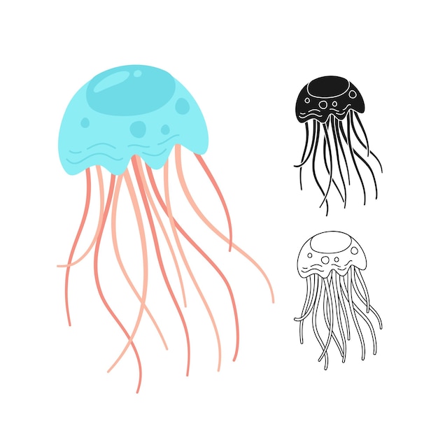 Jellyfish cartoon or stamp doodle outline symbol set ocean marine undersea jelly medusa sea vector