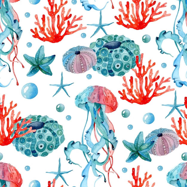 Jellyfish coral watercolor seamless pattern background