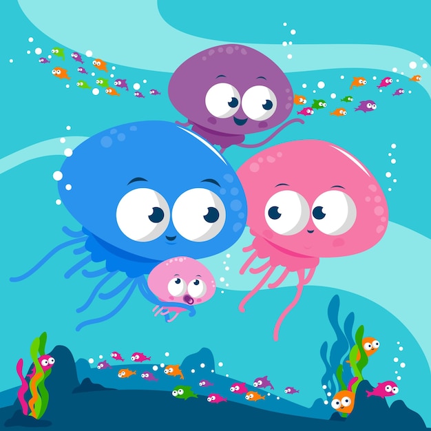 Jellyfish swimming underwater Cute cartoon sea animals under the sea floor Vector Illustration