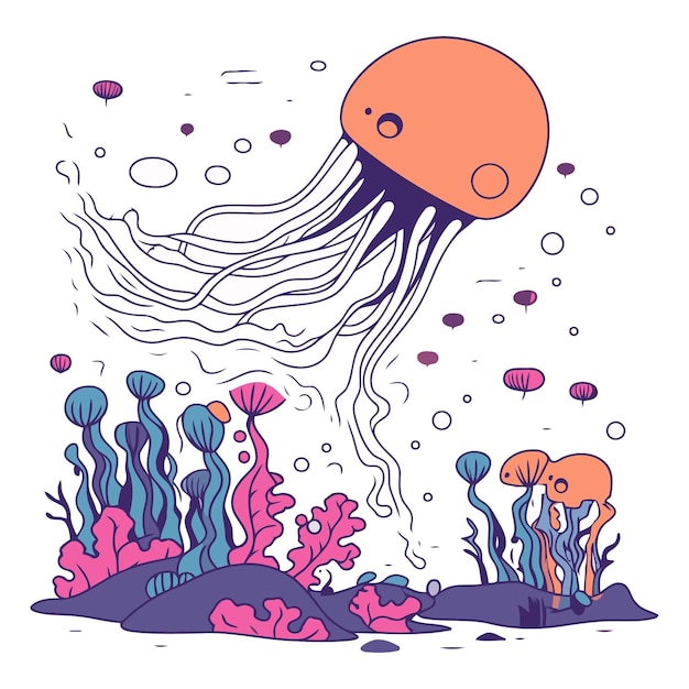 Jellyfish Underwater world in cartoon style