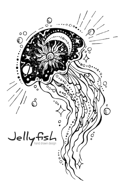 jellyfish with a planet inside Moon stars and sun Abstract freehand drawing