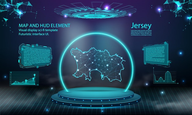 Jersey map light connecting effect background abstract digital technology UI GUI futuristic HUD Virtual Interface with jersey map Stage futuristic podium in fog