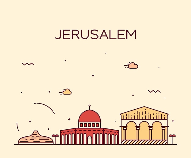 Jerusalem skyline detailed silhouette. Trendy vector illustration, line art style.