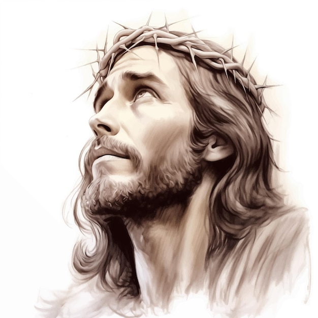 Jesus Christ looks into the sky on beige background