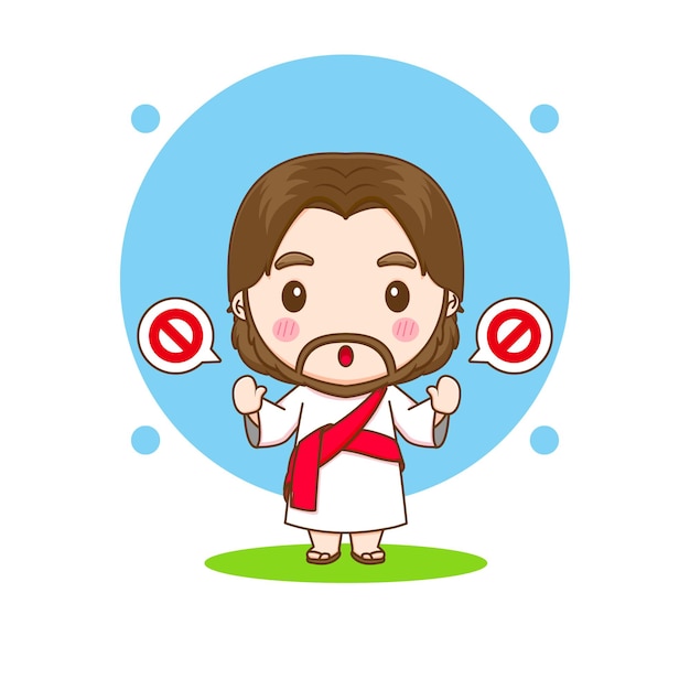 Jesus Christ with stop hand chibi cartoon character illustration