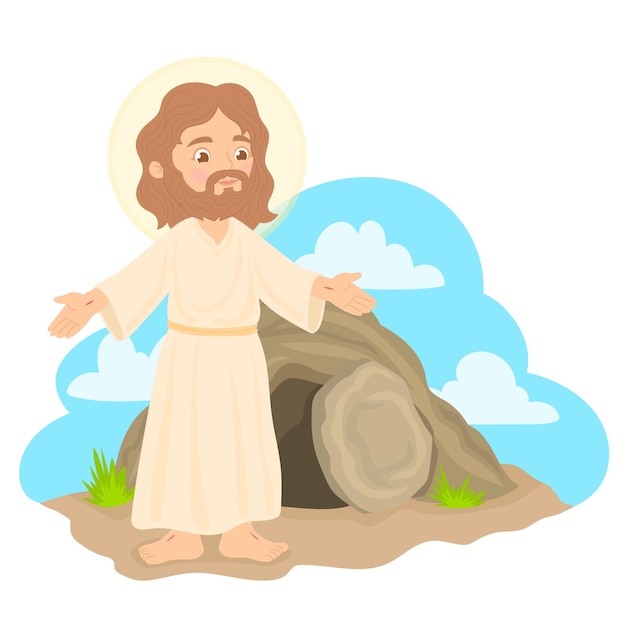 Jesus exit from tomb cave place of burial christianity religion Bible concept He is Risen