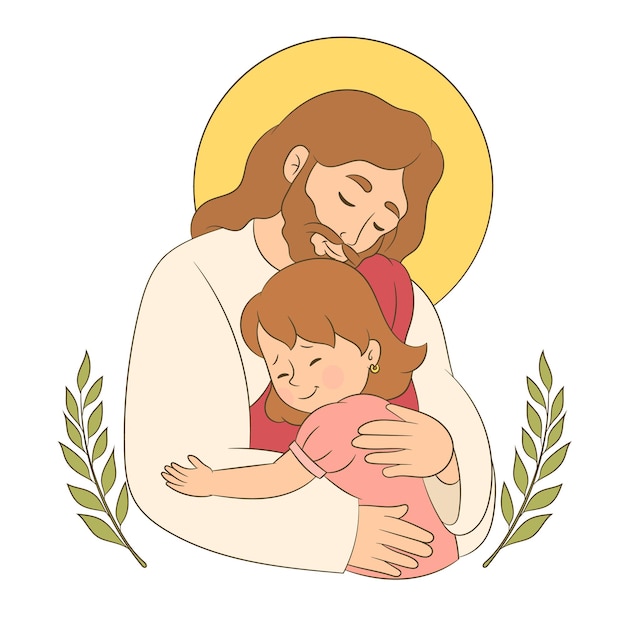 Jesus Hugging a little girl feeling love and care in the arms of the savior