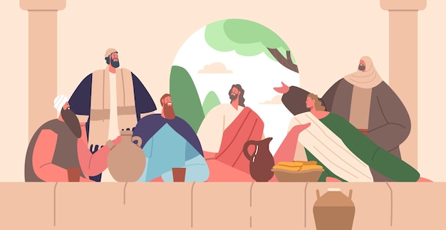 Jesus' Last Supper Scene Depicted Jesus And His Disciples Biblical Characters Gathered Around A Table Sharing A Meal Bread and Wine Before His Crucifixion Cartoon People Vector Illustration