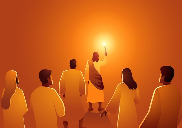 Jesus leads the group of followers with torch Jesus is the light of the world