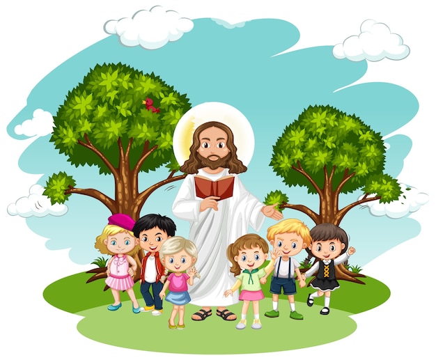 Jesus preaching to a children group cartoon character